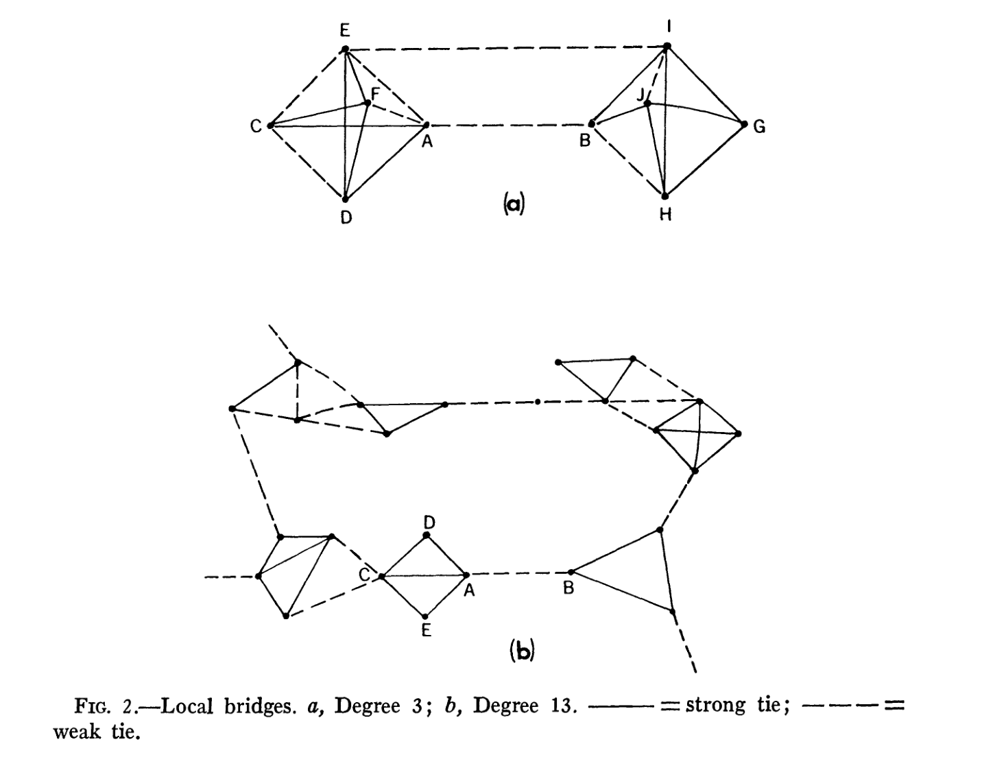 图 2. 局部桥。a,度为 3;b,度为 13。实线 = 强关系;虚线 = 弱关系。
